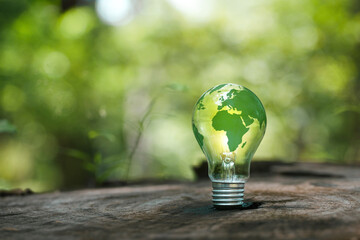 Wall Mural - Renewable Energy.Environmental protection, renewable, sustainable energy sources. Green world map on the light bulb on green background .green energy. Renewable energy is important to the world