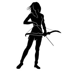 Wall Mural - Archer Silhouette, Female Warrior Character Design. Silhouette girl archer in a dynamic style and pulls an arrow ready to shoot, Amazon female warrior, leather armor.