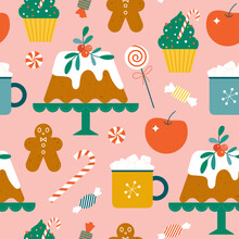 Christmas Sweet Food Seamless Pattern On Pink Background. Cute Flat Candies, Cakes, Cookies, Drinks. Perfect Retro Print For Fabric, Wrapping Paper Or Cover.