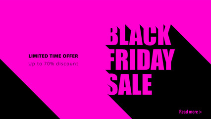 Website banner long shadow design for Black Friday Sale. Monochrome advertising minimalistic flyer template, promotional banner in black and pink color. Limited time offer, Up to 70 percent discount