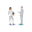 Fencing athlete talking with her coach. Flat vector illustration isolated on white background
