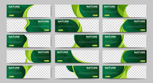 Big Set Of Green Horizontal Nature Banner Templates. Modern Ecology Design, Abstract Background Layout With Photos. Editable Vector Collection Corporate Banner.
