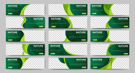 Wall Mural - Big set of green horizontal nature banner templates. Modern ecology design, abstract background layout with photos. Editable vector collection corporate banner.