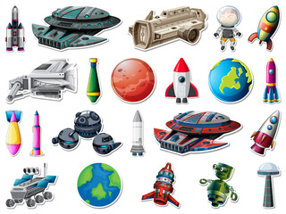 Wall Mural - Sticker set of outer space objects and astronauts