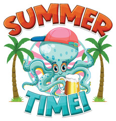 Wall Mural - Octopus cartoon character with summer time word