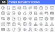 © Gofficon - Cyber Security vector line icon set. Contains linear outline icons like Data Protection, Hacker, Password, Firewall, Spam, Antivirus, Virus Threat, Padlock, Secure, Phishing. Editable use and stroke.