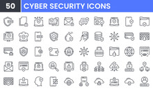 Cyber Security Vector Line Icon Set. Contains Linear Outline Icons Like Data Protection, Hacker, Password, Firewall, Spam, Antivirus, Virus Threat, Padlock, Secure, Phishing. Editable Use And Stroke.