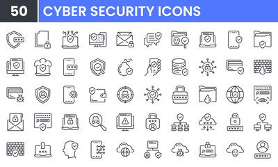 Cyber Security vector line icon set. Contains linear outline icons like Data Protection, Hacker, Password, Firewall, Spam, Antivirus, Virus Threat, Padlock, Secure, Phishing. Editable use and stroke.