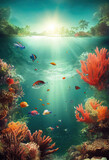 Fototapeta Do akwarium - Split view of underwater scene with fishes and corals in bioluminescence, and a tropical beach with palm trees. Under the water surface and above with blue sky and palms. 3D illustration vertical.