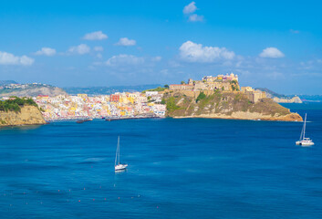 Wall Mural - Procida (Campania, Italy) - The touristic island town beside Ischia, in the province of Napoli Campania region, with colorated old historical center; the Italian capital of culture 2022.