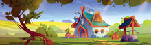 Cartoon Fairy Tale House Against Green Landscape Background. Vector Illustration Of Nice Fantasy Dwarf Hut On Sunlit Glade, Surrounded By Field, Retro Stone Well, Box Of Fruits And Trees. Game Ui