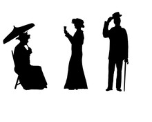 Silhouette Vector Illustration Of Edwardian 
 Or Victorian Figures Comprising Seated Lady With Parasol, Standing Lady With Champagne Glass And Man Raising Hat.  Isolated On White