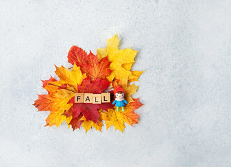 Poster - bright maple leaves and cute mini doll on abstract grey background. fall season concept. autumn. flat lay