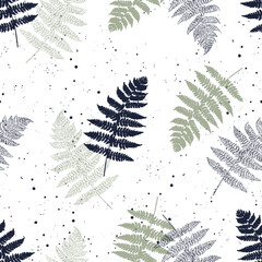 Seamless pattern with paint prints of fern leaves. Delicate grey, blue, green. Perfect for textile, fabric, wallpapers, graphic art, printing etc.