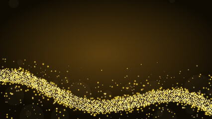 Wall Mural - Golden glitter ribbon on dark background. Shiny bottom wave with light particles stardust on horizontal abstract background. Elegance luxury template with illuminated and sparkling effect. Trendy flui