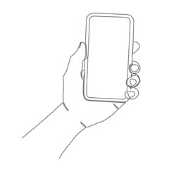 Wall Mural - single line drawing of hand holding smartphone isolated on white background, line art vector illustration