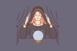 Female fortune teller look at magic ball predict future. Woman gypsy in robe do magical ritual in room. Vector illustration. 