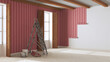 Empty room with white walls, wooden ceiling and parquet floor, shits of striped red wallpaper on the wall with copy space. Housework concept