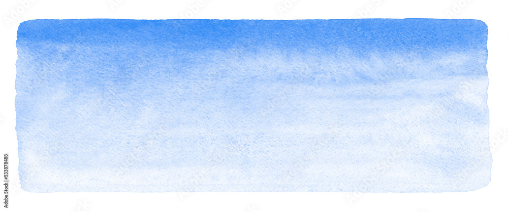Light blue watercolor rectangle background, uneven edge. Painted transparent long, elongated, banner shape texture with watercolour stains, text frame. Hand drawn aquarelle abstract winter template.