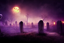 A Spooky Halloween In A Misty Grave Yard With Purple Dark Lights