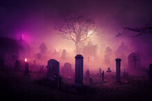 A Spooky Halloween In A Misty Grave Yard With Purple Dark Lights