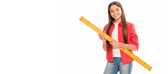 Canvas Print - happy teen girl hold ruler study math at school isolated on white. Portrait of schoolgirl student, studio banner header. School child face, copyspace.