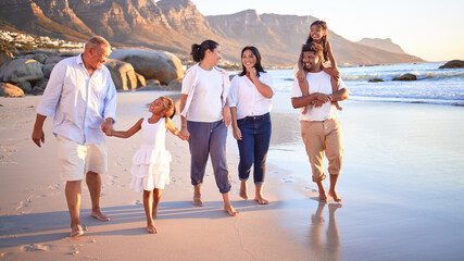 Canvas Print - Generation big family walking beach in summer vacation, travel and freedom in South Africa. Happy, smile and carefree grandparents, parents and kids relax, bond and enjoy funny sunny holiday together