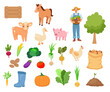 Big set of vector flat cartoon illustrations isolated on white. Vegetables, animals and cute farmer animals.