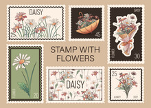 Collection Postage Stamps With Illustration Of Daisy Flowers, Bouquets. Vector Illustration Perfect For Design Of Flower Shop, Envelope Decoration.