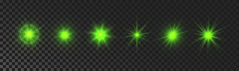 Set of green glowing sparkling stars