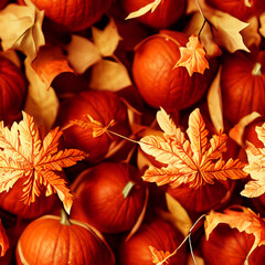 Canvas Print - Seamless background tiles, autumn and Halloween pumpkins and leaves, digital art