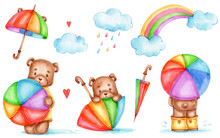Set With Teddy Bears, Umbrellas, Rainbows And Clouds; Watercolor Hand Drawn Illustration; With White Isolated Background