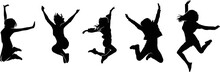 Set Of Silhouette Long Haired Girl Jumping While Dancing