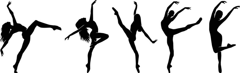 Wall Mural - Set of long hair girl dancing silhouette on white background