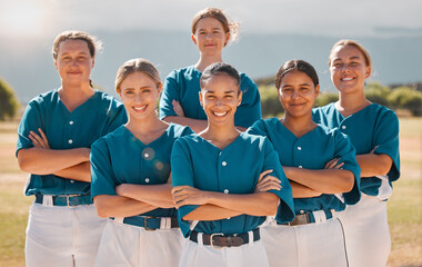 Sticker - Baseball, happy and women team with arms crossed on a sport field after practice or a game. Teamwork, collaboration and support with a proud group of girl athletes ready to support, win and play