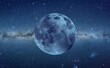 Panorama view universe space of blur milky way galaxy with stars on a night sky background and super full moon 