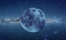 Panorama View Universe Space Of Blur Milky Way Galaxy With Stars On A Night Sky Background And Super Full Moon "Elements Of This Image Furnished By NASA"
