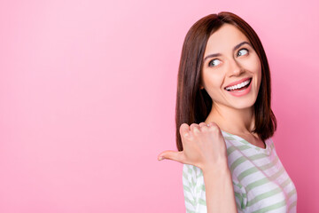 Canvas Print - Photo of gorgeous lovely pretty girl with bob hairstyle wear striped t-shirt indicating look empty space isolated on pink color background