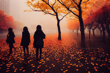 Wall Mural - Autumn park with people, digital art