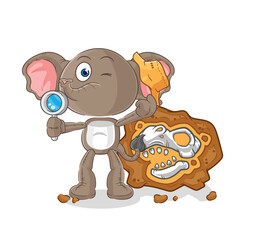 Sticker - elephant archaeologists with fossils mascot. cartoon vector