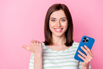Wall Mural - close up photo of cheerful cute lady arm direct empty space cool proposition buy quality gadget isol