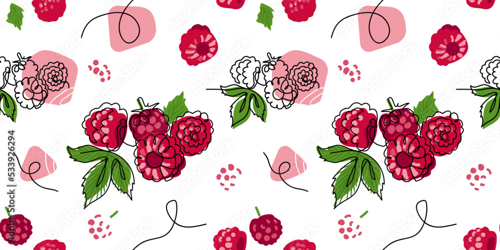 Raspberry vector pattern. One continuous line art drawing of raspberry ...