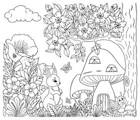 Wall Mural - Illustration. A rabbit and a snail play in a meadow of flowers under a tree near a mushroom house. Coloring book. Antistress for adults and children. The work was done manually. Black and white.