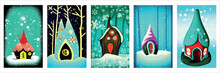Set Beautiful Christmas New Year Vertical Posters With Decorated Houses Large Christmas Tree. Amazing Winter Holiday Card. Fairytale Christmas House Forest With Gifts. Hut Forest, Lonely