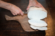 Slicing Giant Puffball Mushroom In The Kitchen, Selective Focus