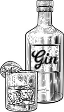 Gin Cocktail Bottle Glass And Ice Vintage Woodcut