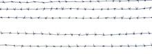 Barbed Wire Prison Isolated On White Background. Territory Protection. Horizontal Separate Elements Of Barbwire. Metal Barrier With Sharp Barbs For Industrial And Agricultural Fencing
