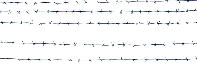 Barbed wire prison isolated on white background. Territory protection. Horizontal separate elements of barbwire. Metal barrier with sharp barbs for industrial and agricultural fencing