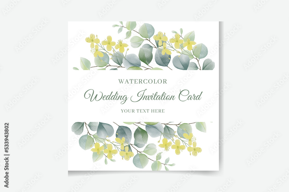 Watercolor green floral banner with silver dollar eucalyptus leaves and ...