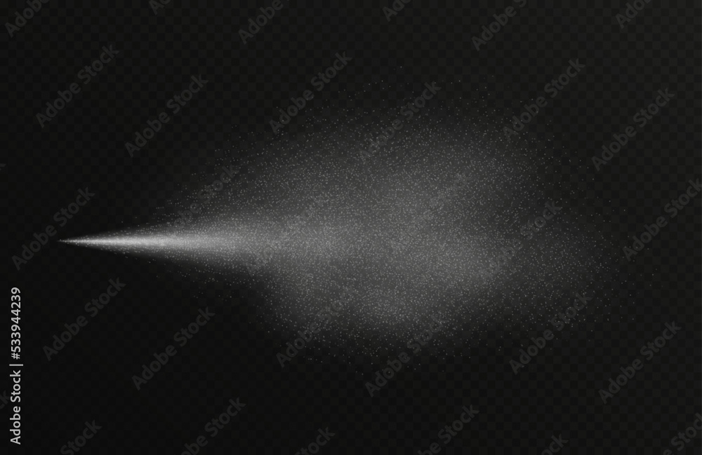 Water spray effect, realistic cosmetic mist, transparent atomizer splash. White fragrance aerosol texture, abstract cosmetic haze isolated on black. Vector illustration.